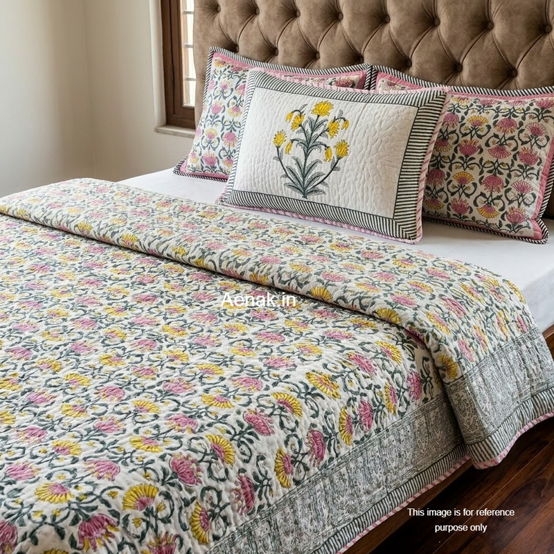 aenak-pink-yellow-lotus-handblock-printed-reversible-quilted-bedcover-set