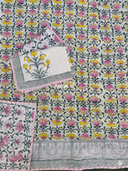 aenak-pink-yellow-lotus-handblock-bedsheet-quilted-bedcover-combo-set