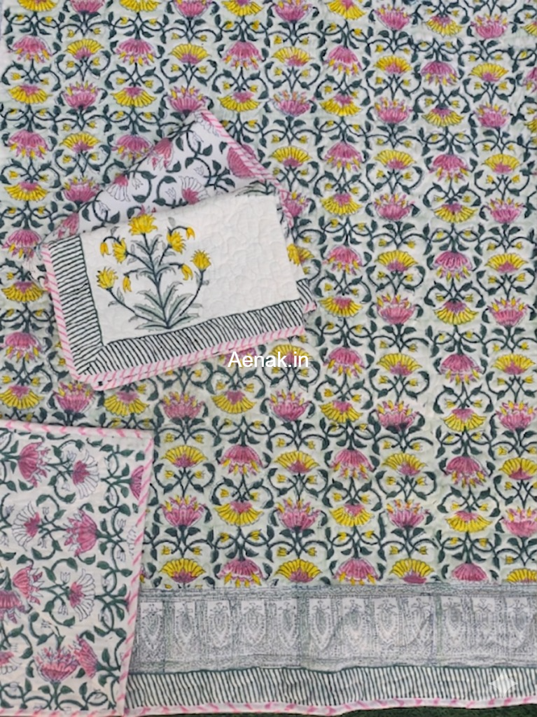 aenak-pink-yellow-lotus-handblock-bedsheet-quilted-bedcover-combo-set