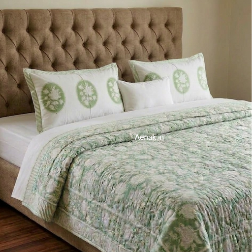 aenak-green-garden-handblock-bedsheet-quilted-bedcover-combo-set