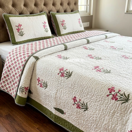 aenak-pink-madhumati-handblock-bedsheet-quilted-bedcover-combo-set