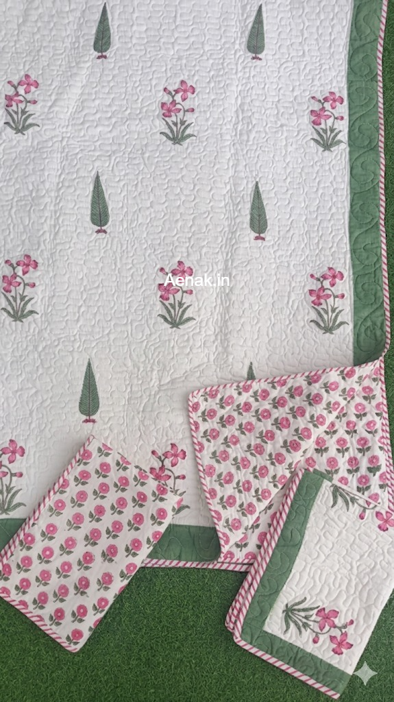aenak-pink-madhumati-handblock-bedsheet-quilted-bedcover-combo-set