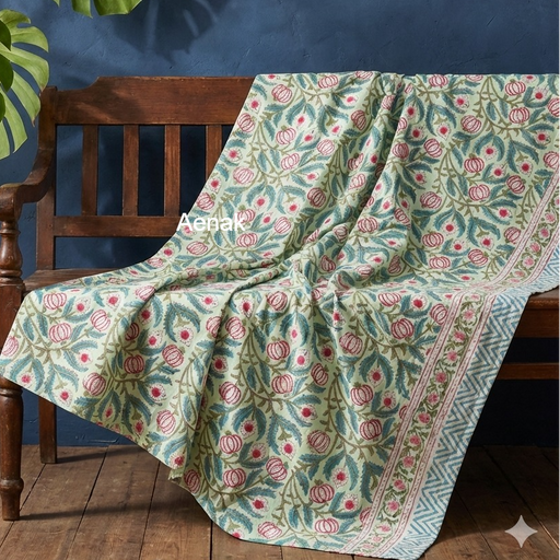aenak-green-lotus-handblock-printed-mulmul-cotton-reversible-dohar