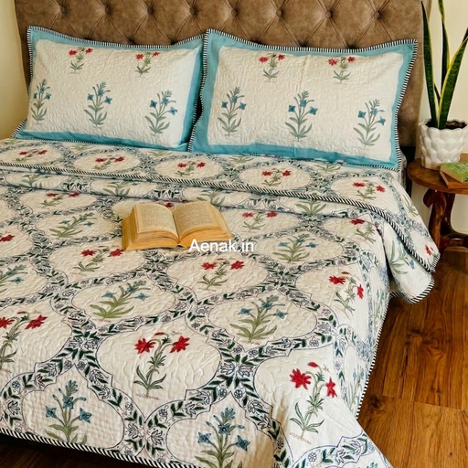 aenak-blue-red-floral-jaal-handblock-bedsheet-quilted-bedcover-combo-set-1