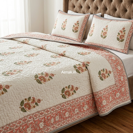 aenak-peach-phool-boota-handblock-printed-reversible-quilted-bedcover-set