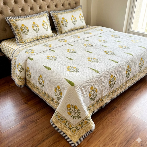 aenak-yellow-marigold-handblock-printed-reversible-quilted-bedcover-set-105-x108