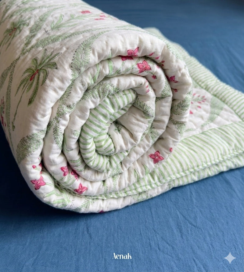 aenak-pink-palm-handblock-printed-reversible-mulmul-cotton-quilt