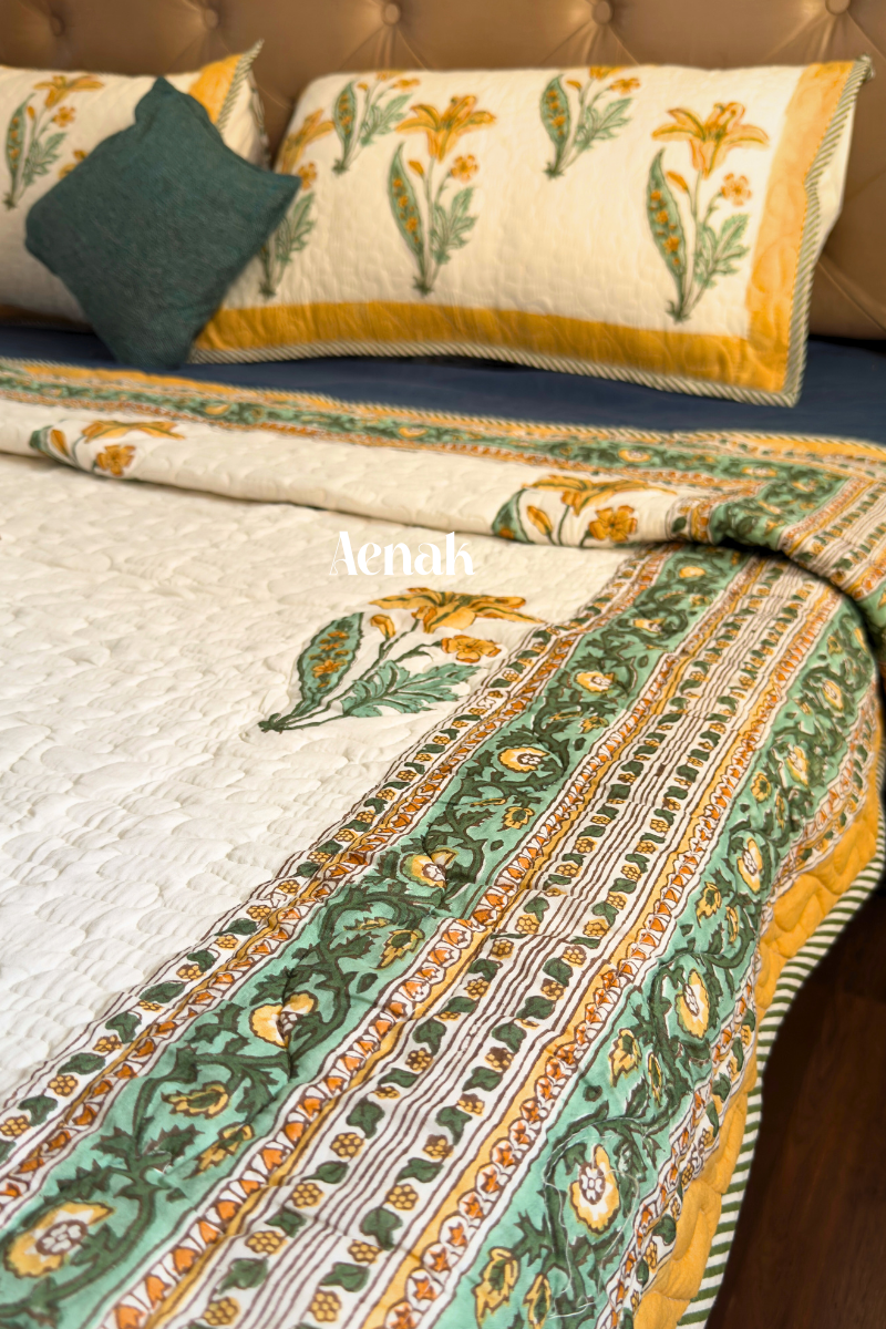 aenak-yellow-lily-handblock-reversible-quilted-bedcover-set