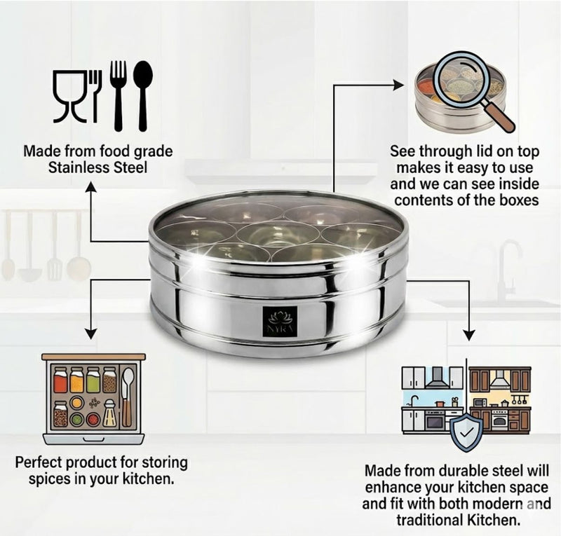 Nyra Stainless Steel Masaldani/Spice Box With See-Through Lid with 7 storing bowls – Serving Bowl