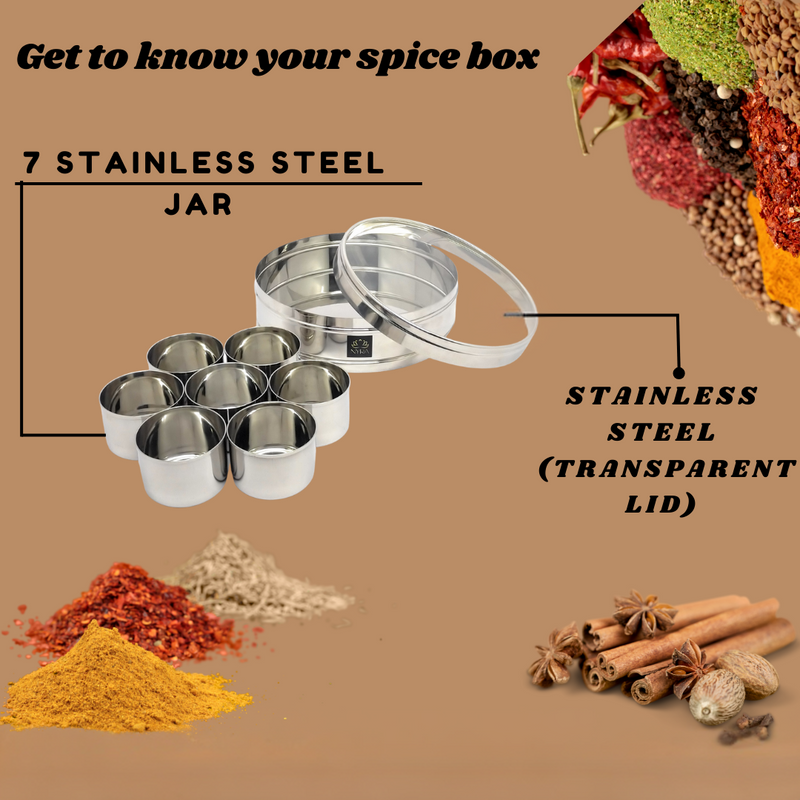 Nyra Stainless Steel Masaldani/Spice Box With See-Through Lid with 7 storing bowls – Serving Bowl