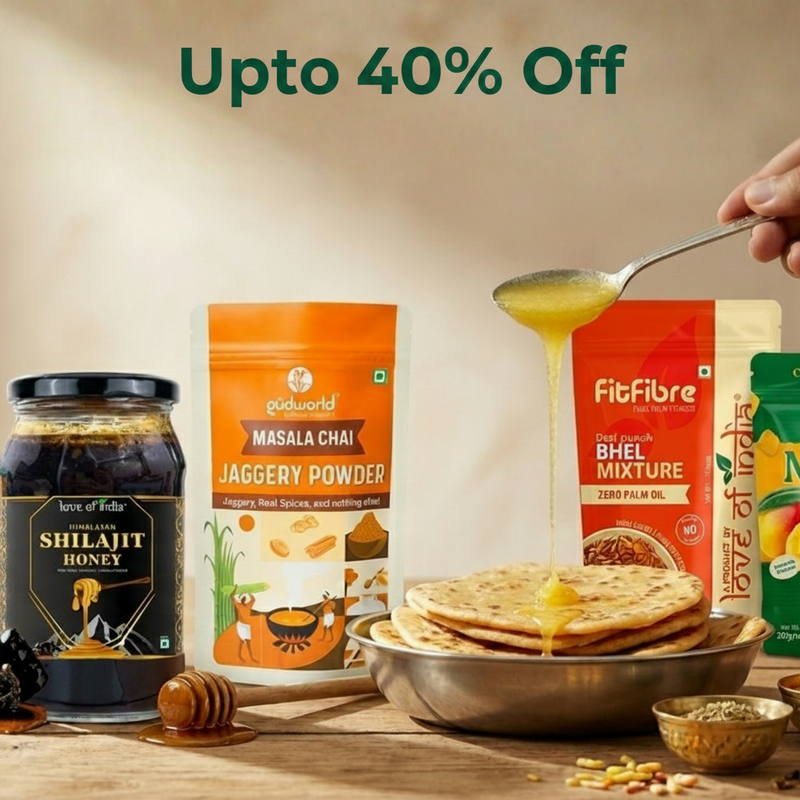 Assorted health and cooking products including honey, jaggery powder, and bhel mixture on a wooden surface.