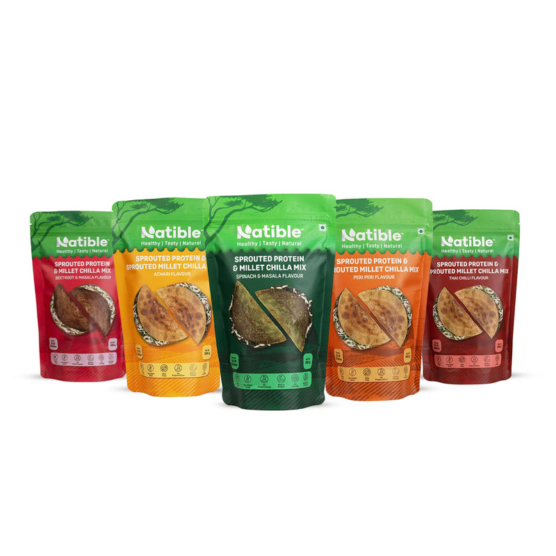 Natible Variety Pack - Sprouted Protein and Sprouted Millet Chilla Mix – Savory Indian Pancake Mix (Pack of 5)