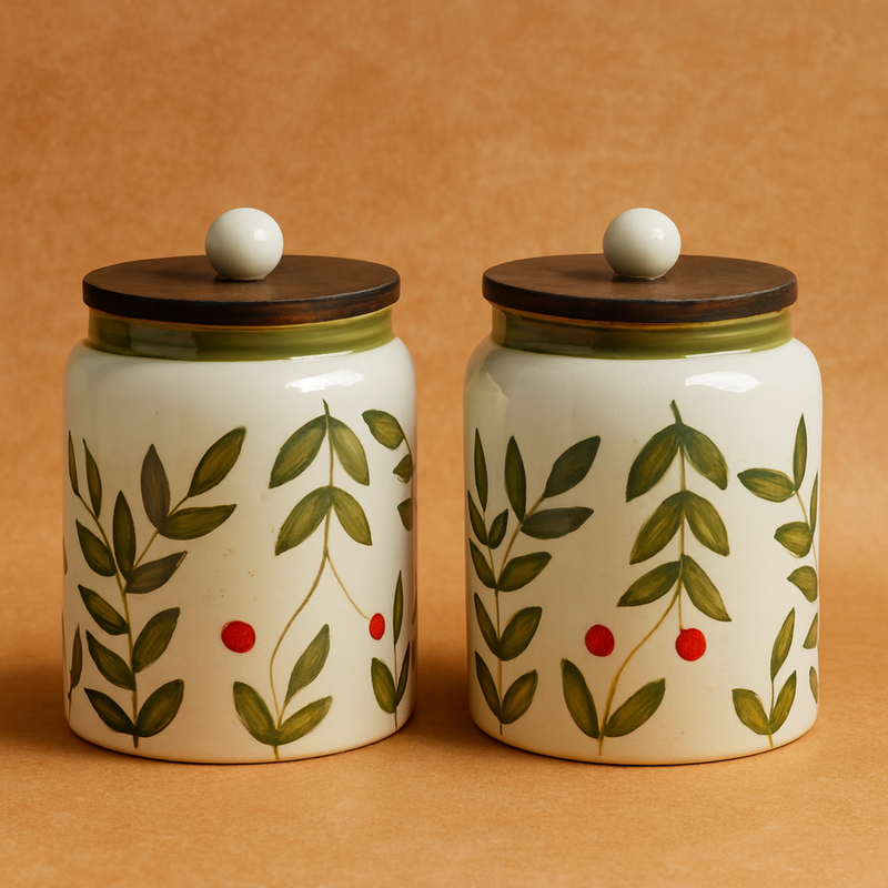 Nurture India Olive Leaf Ceramic Jar 27-oz