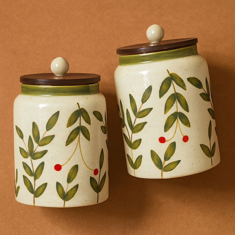 Nurture India Olive Leaf Ceramic Jar 27-oz