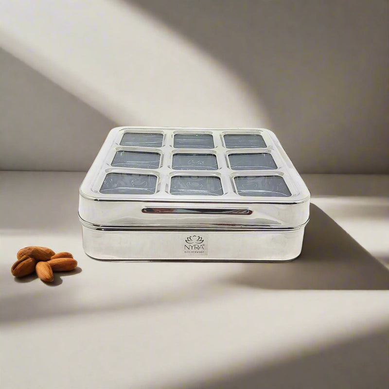 Stainless Steel 9 Compartment Dry fruit/Spice Box – Kitchen Utensil