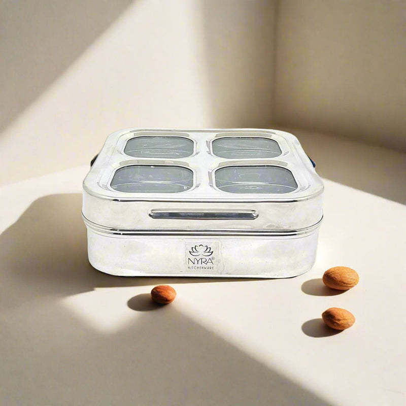 Stainless Steel 4-Compartment Dry Fruit Box with See-Through Lid – Kitchen Utensil