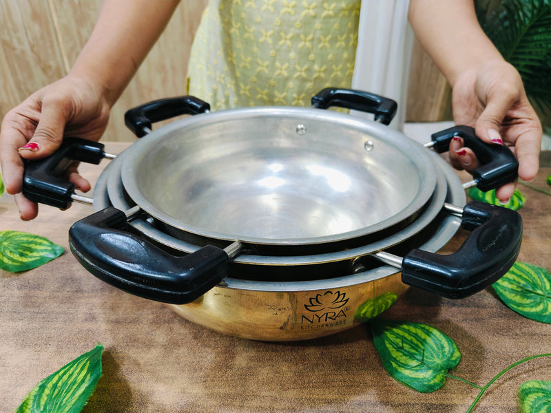 Traditional Brass Kadhai (Pital Wok) with Tin Lining & Lid – Cooking Wok