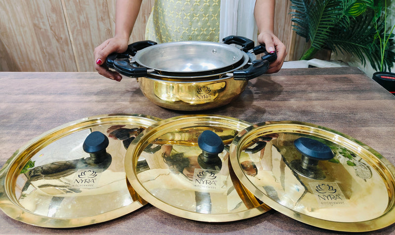 Traditional Brass Kadhai (Pital Wok) with Tin Lining & Lid – Cooking Wok