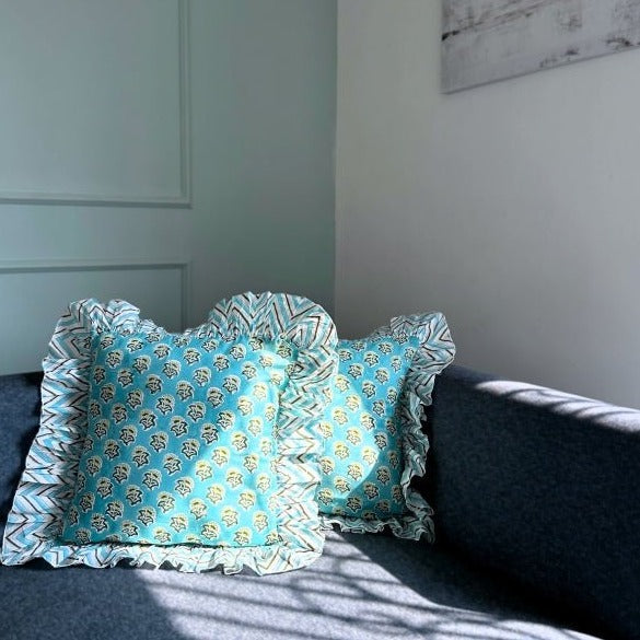 Nurture India Powder Blue Floral Ruffle Cushion Cover