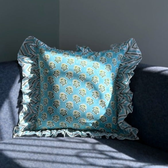 Nurture India Powder Blue Floral Ruffle Cushion Cover