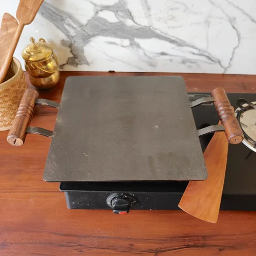 Pure Iron Tawa Square with Wooden Handle/ Pre-Seasoned No chemical Coating – Dosa Tawa