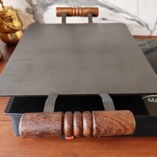 Pure Iron Tawa Square with Wooden Handle/ Pre-Seasoned No chemical Coating – Dosa Tawa