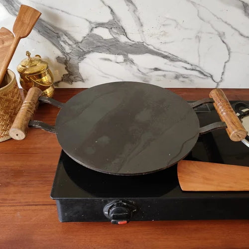Pure Iron Tawa Round with Wooden Handle/ Pre-Seasoned No chemical Coating – Dosa Tawa
