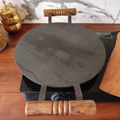 Pure Iron Tawa Round with Wooden Handle/ Pre-Seasoned No chemical Coating – Dosa Tawa