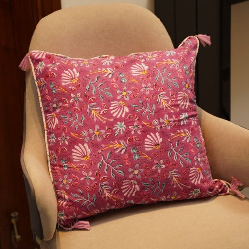 Nurture India Purple Floral Accent Tassel Cushion Cover