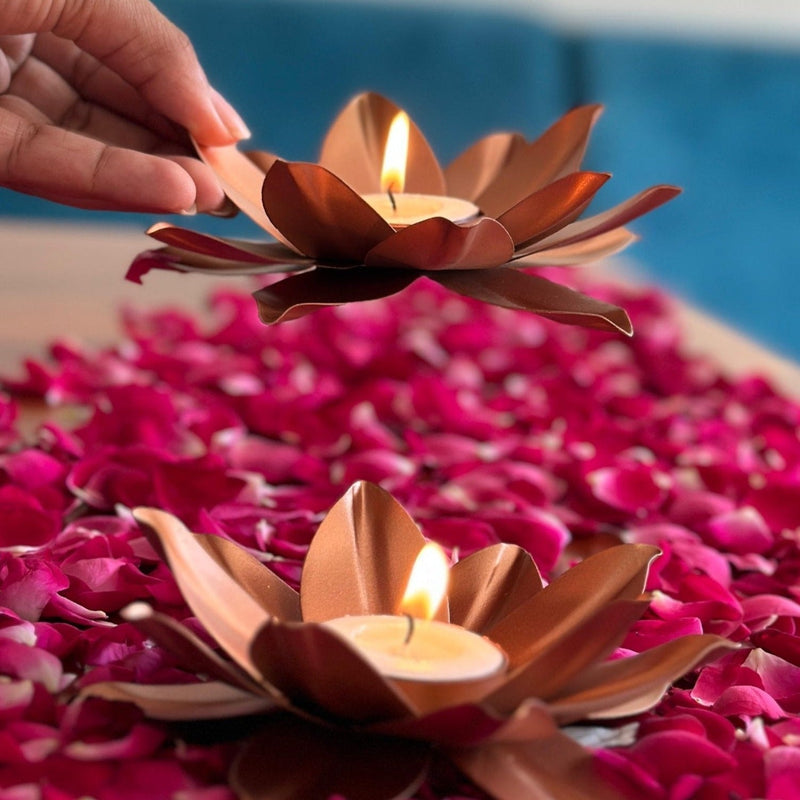 Nurture India Rose Gold Lotus Tealight Holder 2-Piece Set