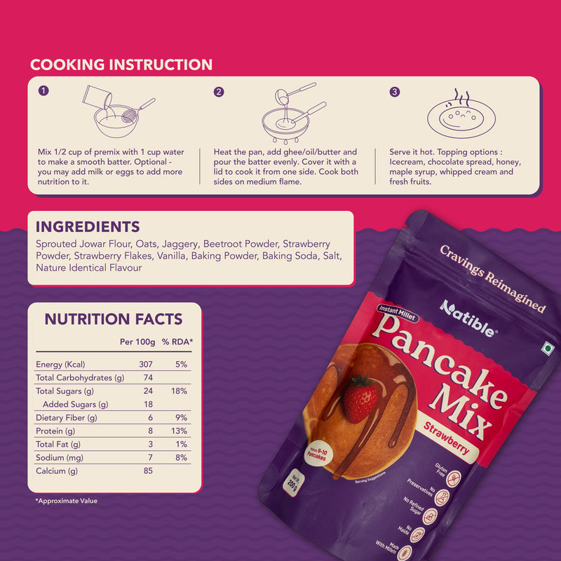 Natible Instant Millet Pancake Mix - Strawberry – Easy Breakfast Pancake Mix (7.05 oz)
