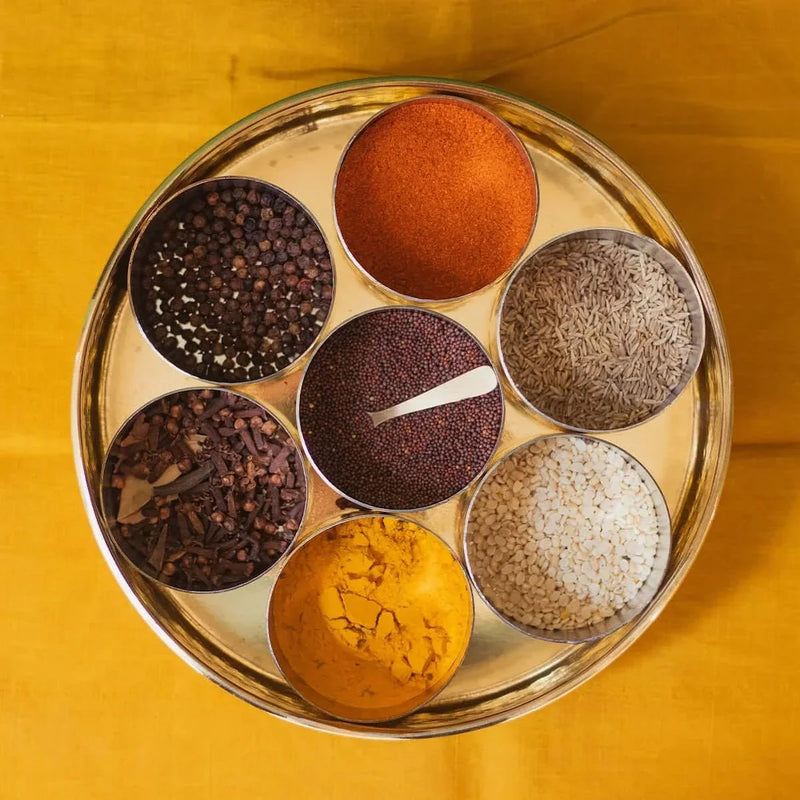 Brass Spice Box- Large with Tin coating & Plate – Masala Spice Box