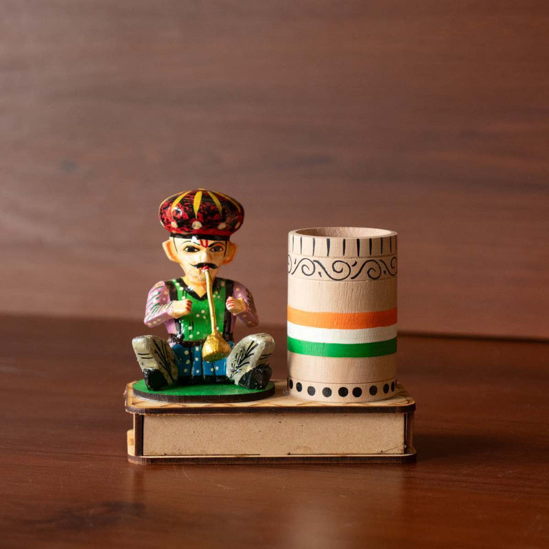 Varanasi Wooden Musician Pen Holder – Hand-Carved Wooden Desk Organizer