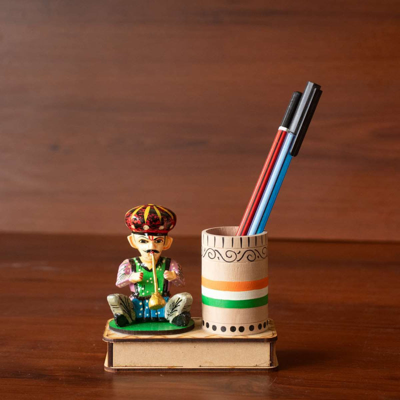 Varanasi Wooden Musician Pen Holder – Hand-Carved Wooden Desk Organizer