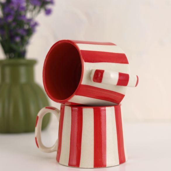 Nurture India Vintage Red Stripe Ceramic Coffee Cup 7-oz