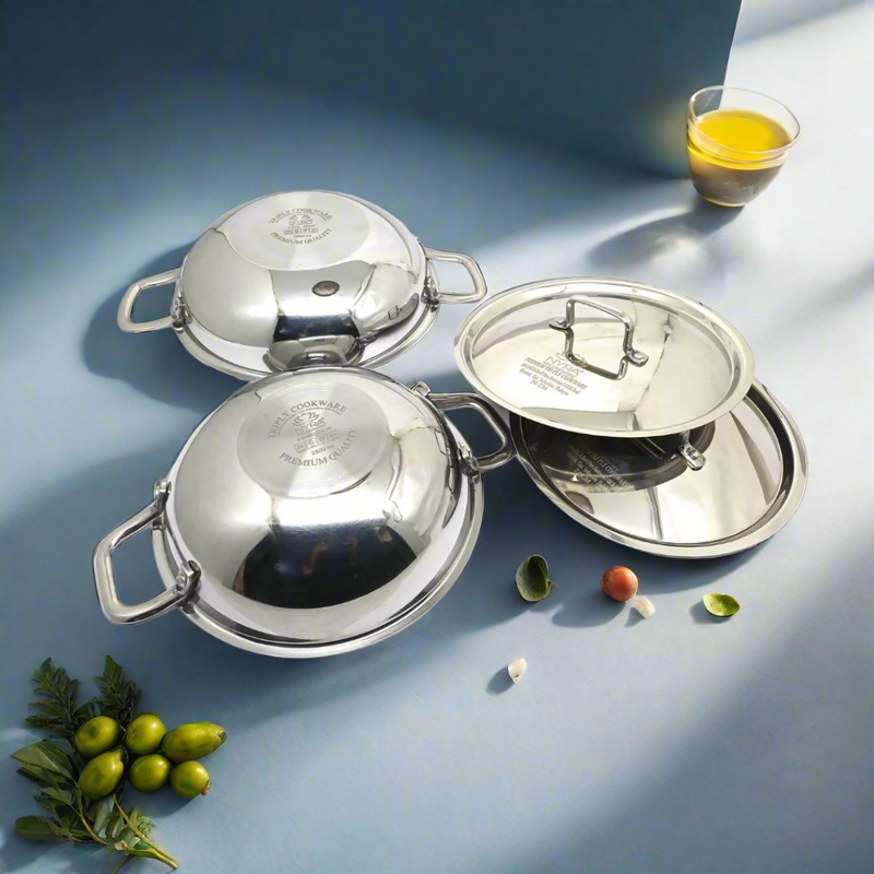 Triply Stainless Steel Kadai with Lid – Cooking Kadhai