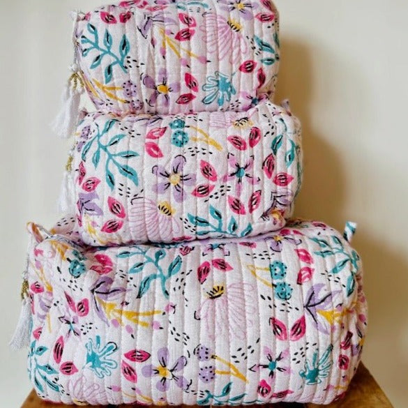 Nurture India Handblockprinted Water Resistant Cosmetic Pouch 3-Piece Set