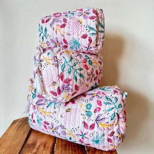 Nurture India Handblockprinted Water Resistant Cosmetic Pouch 3-Piece Set
