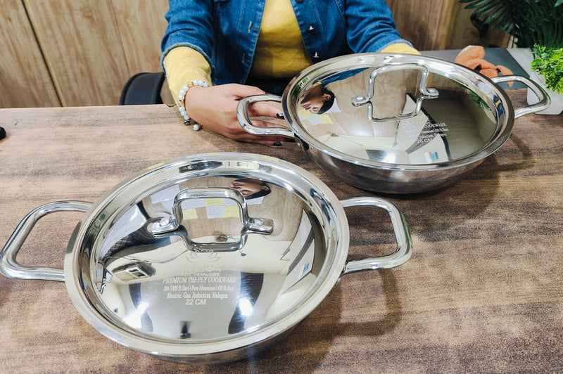 Tri-Ply Stainless Steel Kadhai Set with Lid– Cooking Kadhai