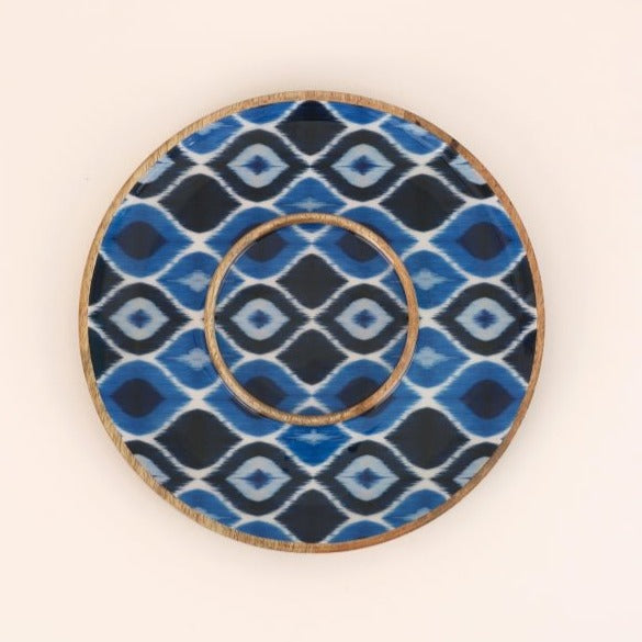 Nurture India Wooden Ikat Enamel Round Chip Dip Platter