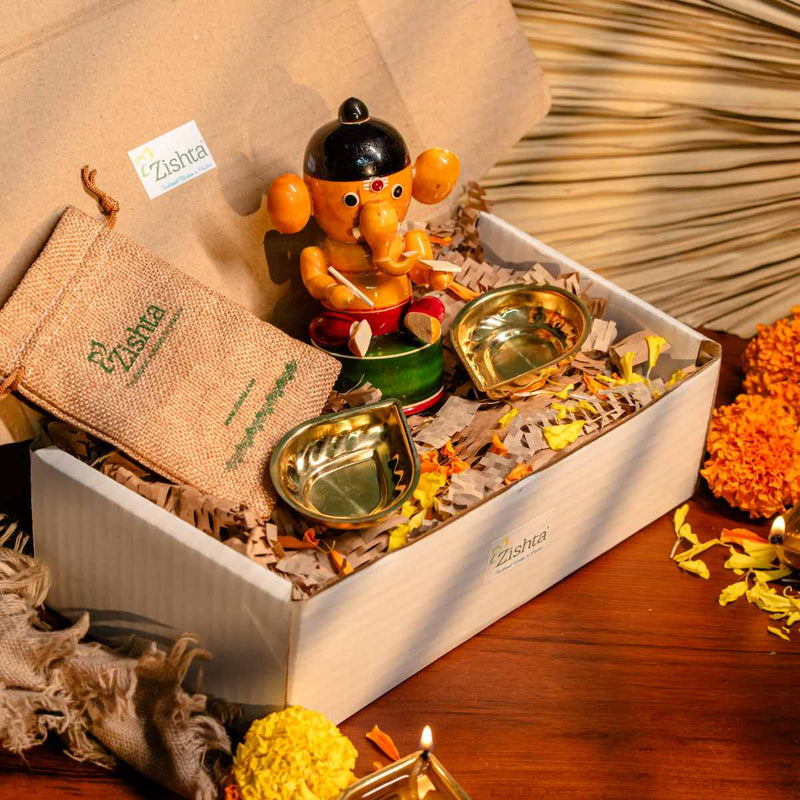Festival Wooden Ganesha & Diya Set – Oil Lamp