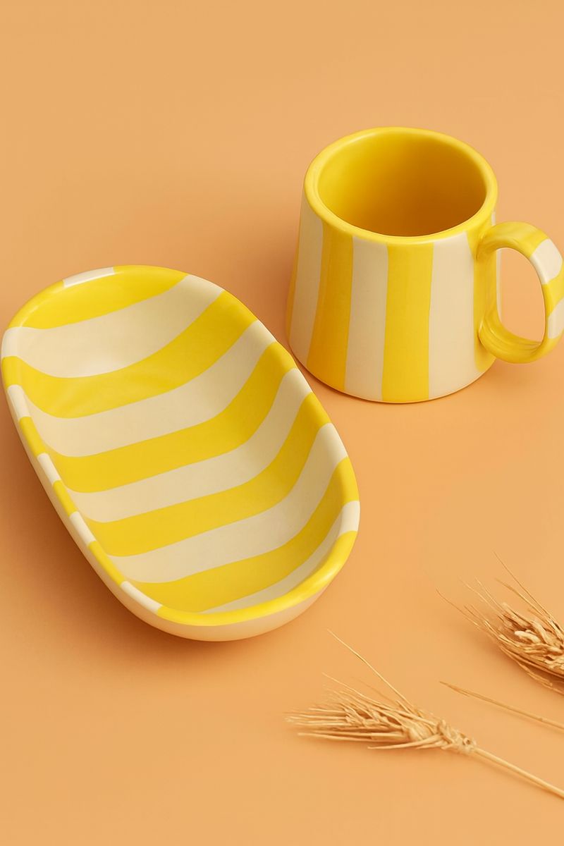 Nurture India Yellow Stripe Ceramic Combo Bowl Cup